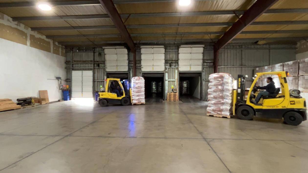 Two forklifts with loaded pallets of seed in a warehouse