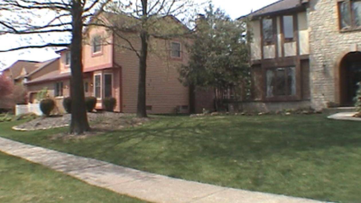 A lawn with a house in the background.