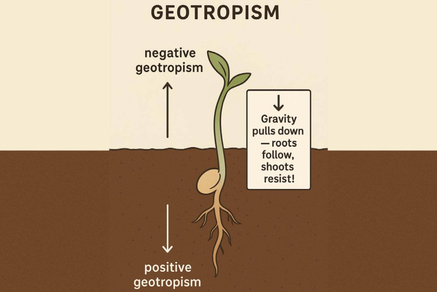 Diagram illustrating geotropism in plants, showing positive geotropism where roots grow downward and negative geotropism where shoots grow upward.
