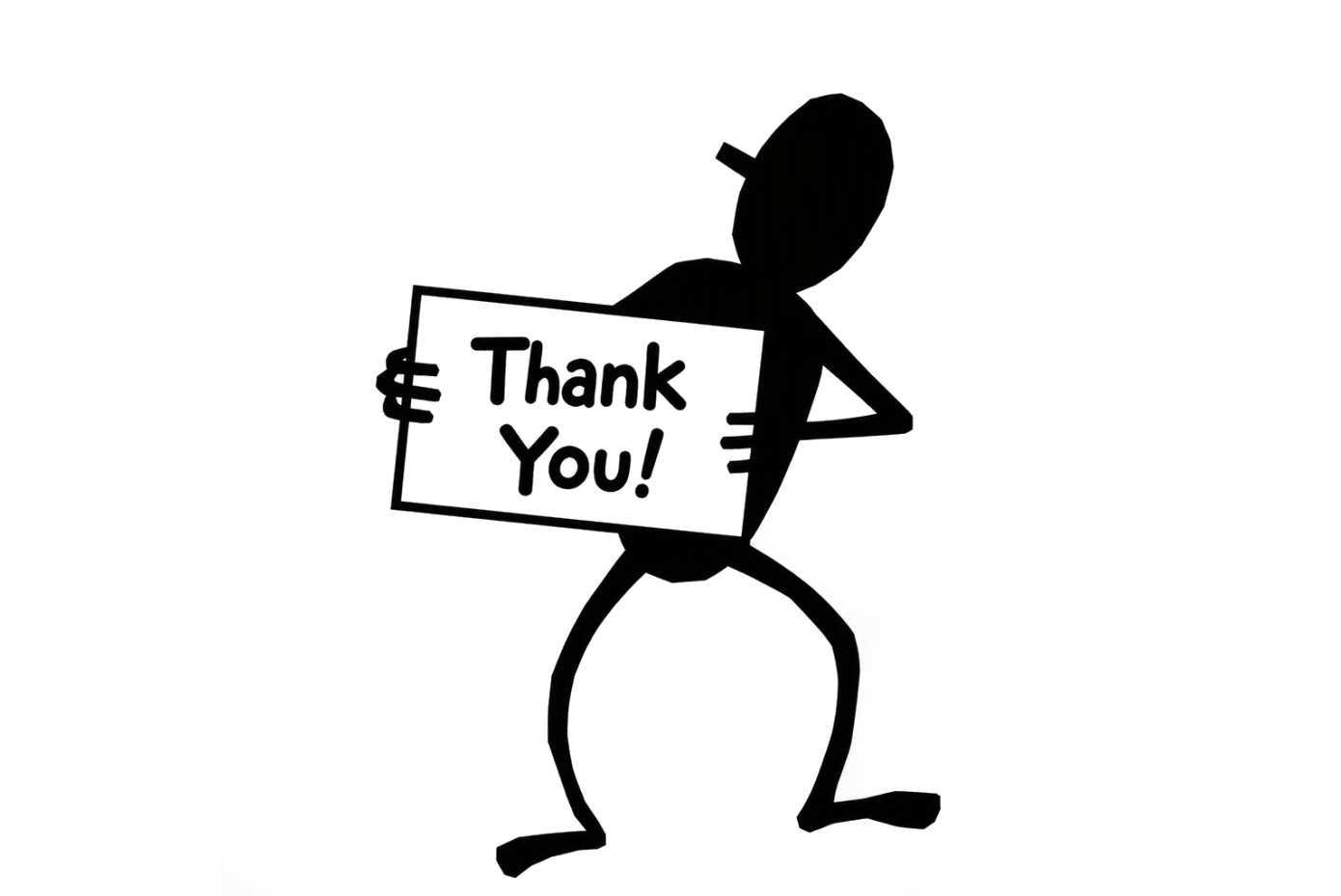 A cartoon man holding a sign saying "Thank You!"