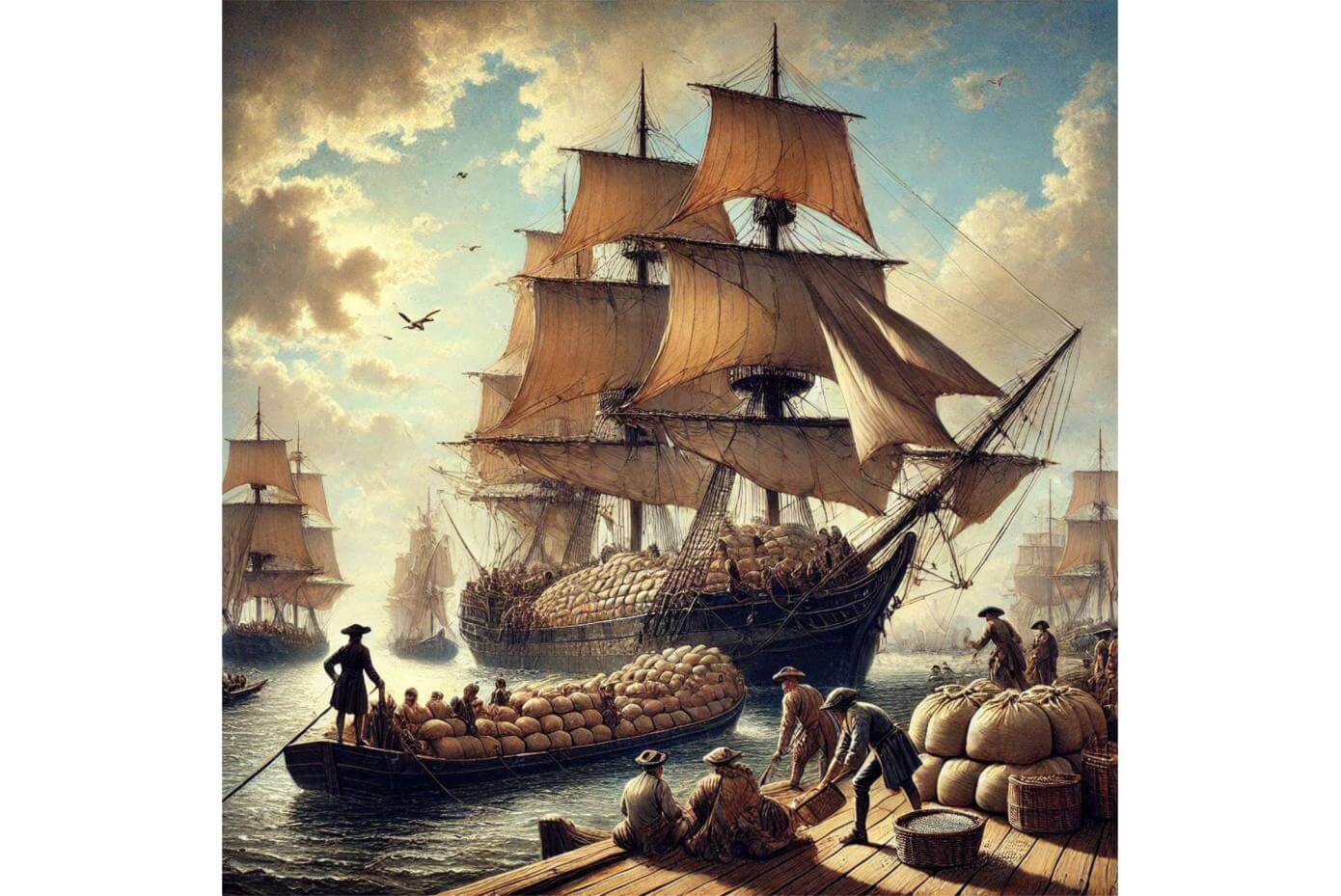 An image of a large old ship with lots of sails and lots of cargo