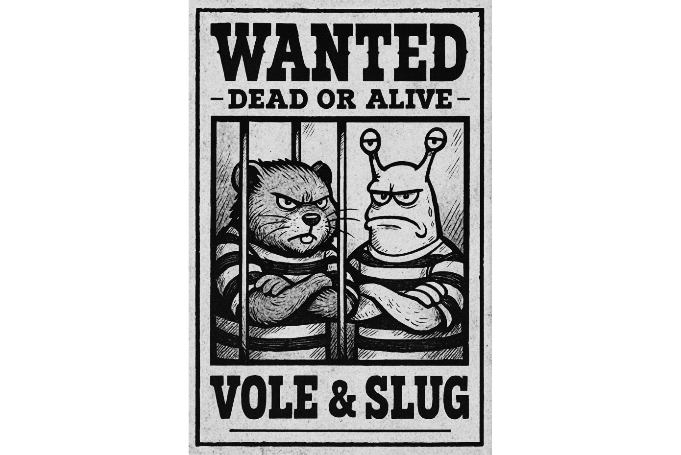 A cartoon "Wanted" poster displaying a vole and slug behind jail bars.