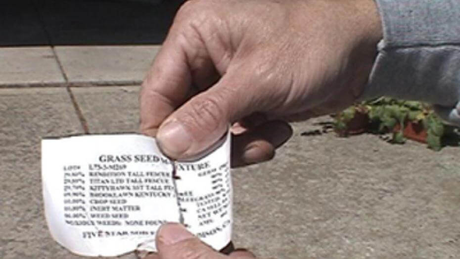 Hands holding a paper tag from a seed bag.